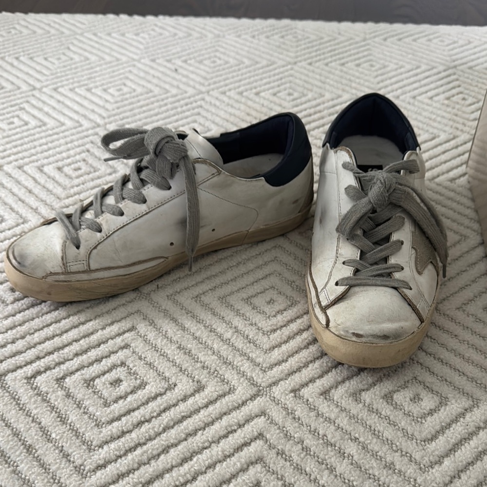 Golden Goose Super-Star Classic White and Navy Distressed Sneakers